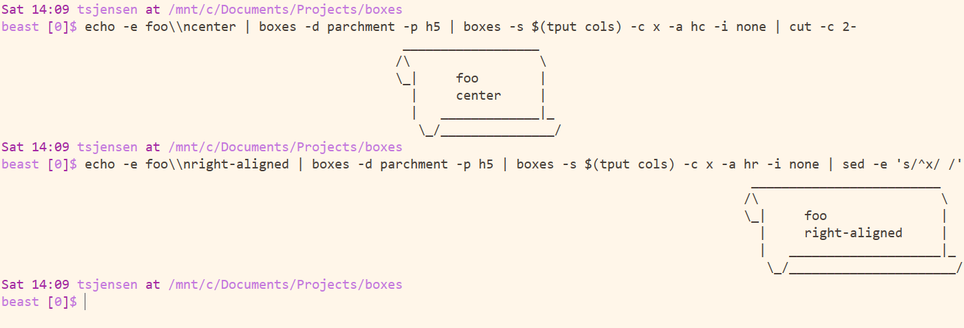 box aligned in terminal window